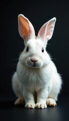 Obraz premium White bunny with soft focus on black backdrop, ethereal, haze, dreamy