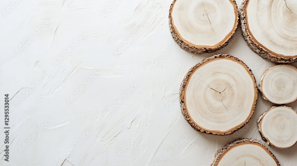 Poster natural wooden slices arranged beautifully on a light background showcasing organic texture and desi