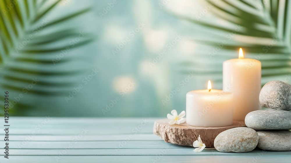 Leinwandbilder calming spa scene with lit candles and smooth stones on soft background : generative ai