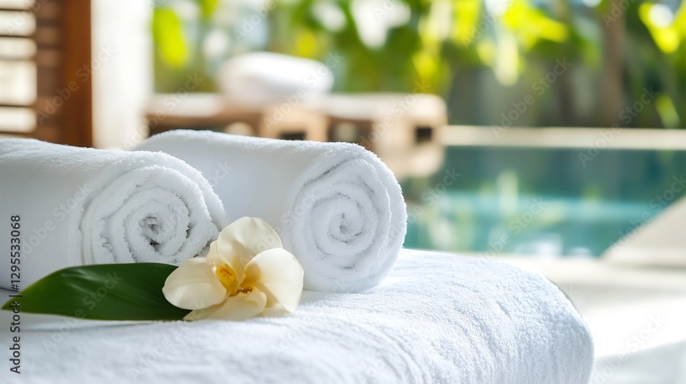 Poster relaxing spa scene with soft towels and blooming flower for wellness : generative ai