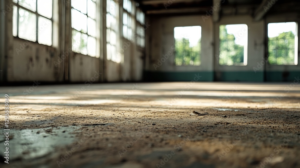 Poster an abandoned industrial space with dusty floors and large windows illuminating the interior : genera