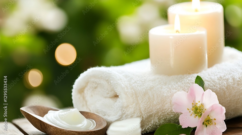 Poster natural spa setup with soft towels scented candles and cream on a wooden table surrounded by nature 