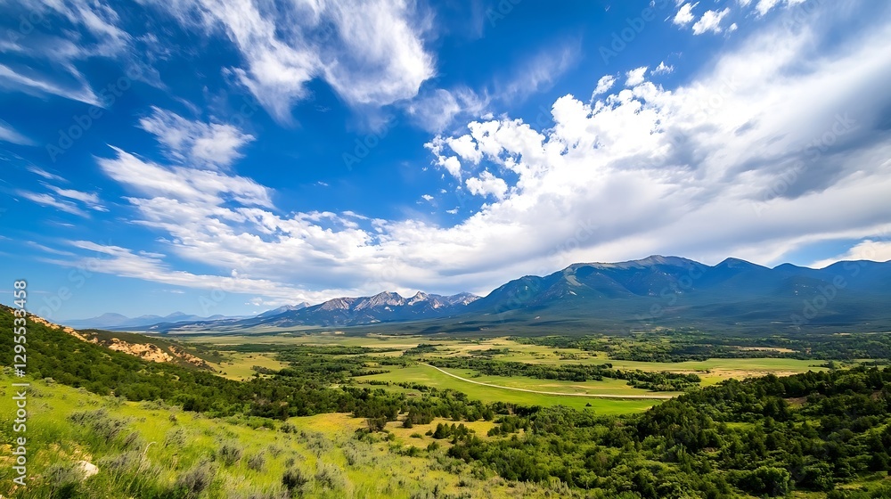 Aufkleber breathtaking panoramic view of vast green fields and majestic mountains : generative ai