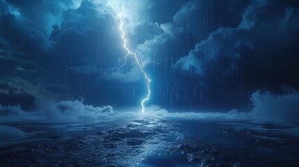 Thunderstorm showcases an abstract power. Lightning and rain fill the dark, stormy sky.