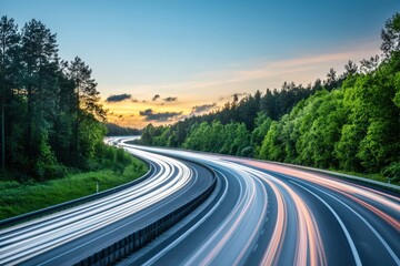 Fototapeta premium A stunning long exposure photograph of a highway at night, capturing streaking vehicle light trails in motion against a dark urban backdrop. .