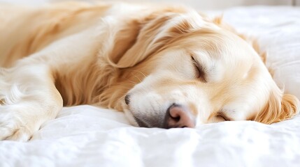 Obraz premium Golden Retriever Sleeping Comfortably on Soft White Bedspreads in Cozy Indoor Setting : Generative AI