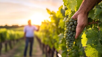 Obraz premium Hand Selecting Fresh Green Grapes in a Beautiful Vineyard at Sunset : Generative AI