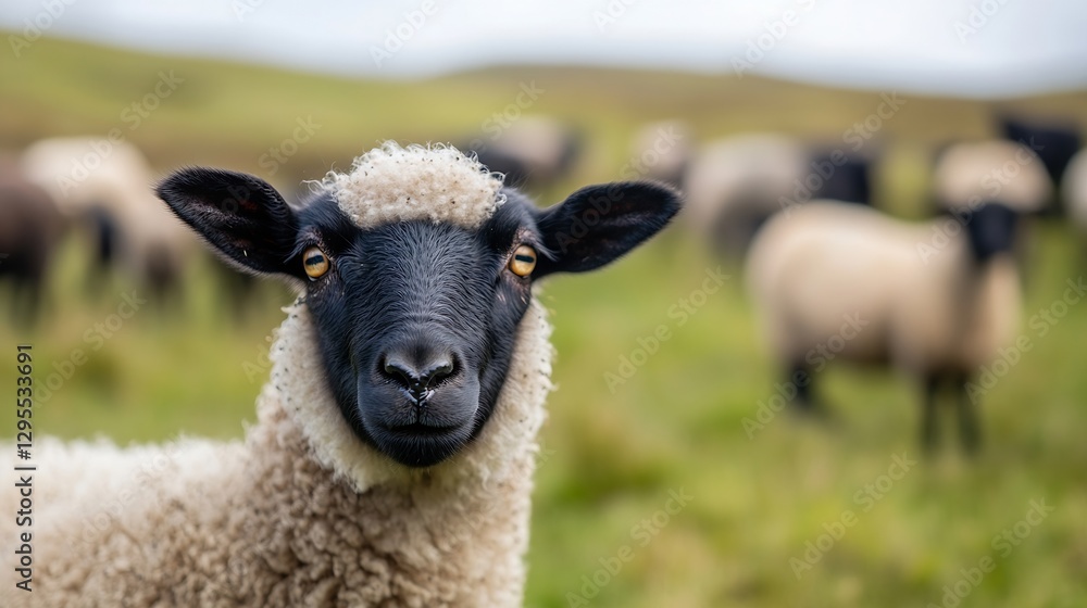 Poster Close Up of Sheep with a Black Face Surrounded by Green Fields : Generative AI