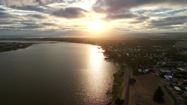 Drone view of sunset over Goolwa and the Murray River in South Australia
