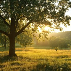 Fototapeta premium Serene Sunlight Filtering Through Lush Green Tree Canopy Illuminating Golden Meadow in Tranquil Landscape Capturing Peaceful Nature Scene at Dawn