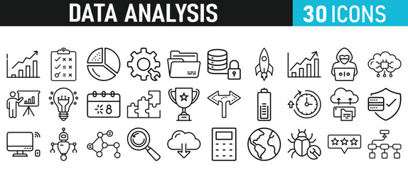 Data analytics icon set. Big data analysis technology symbol in liner style. Database, statistics, analytics, server, monitoring, and network icons collection. vector illustration.