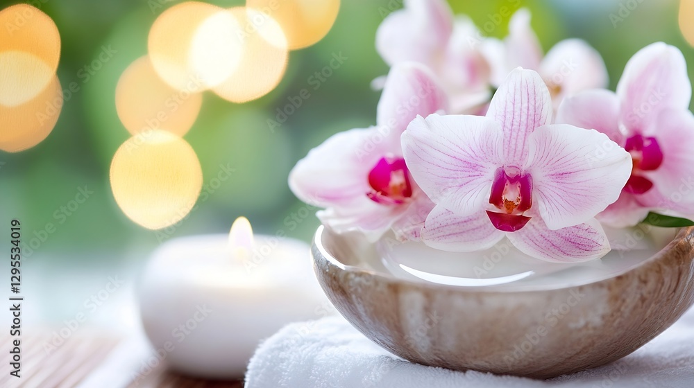Aufkleber beautiful pink orchids and candle in a spa setting for relaxation and tranquility : generative ai