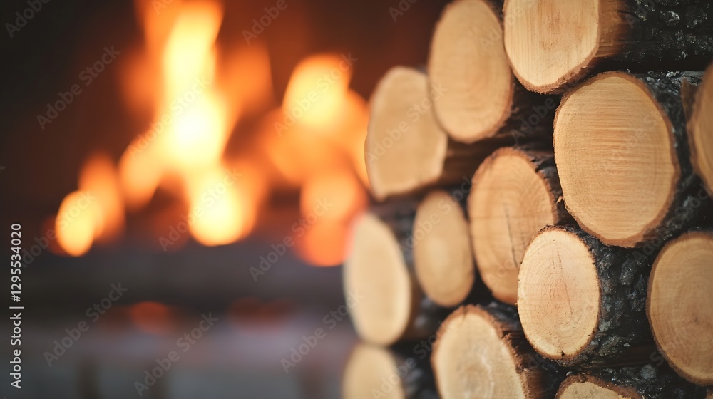Poster Stacked Logs for Firewood with a Cozy Flames Background Creating a Rustic Atmosphere : Generative AI