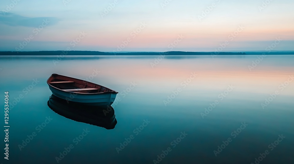 Poster lonely boat floating on a tranquil lake surface during sunset reflecting beautiful colors : generati