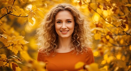 A woman with curly hair stands in a greenhouse filled with vibrant orange and yellow ranunculus flowers, wearing a white top. The soft natural light highlights her serene expression