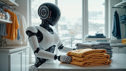 Futuristic AI Robot Assisting with Household Chores in a Modern Home
