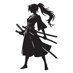 Strong Female Samurai Silhouette Warrior Sword Wielding Vector Art