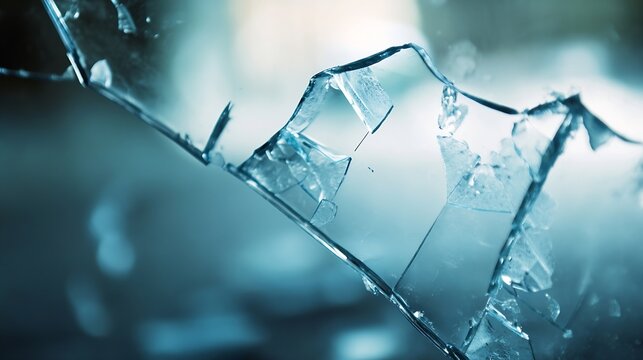 Close Up Image of Shattered Glass with a Soft Blue Background for Abstract Themes : Generative AI