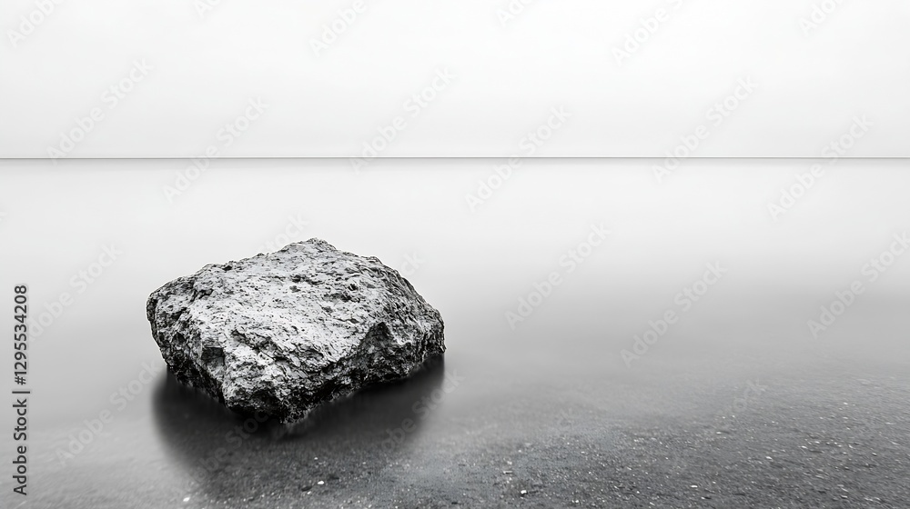 Poster isolated rock standing firmly in calm waters reflecting overcast sky : generative ai