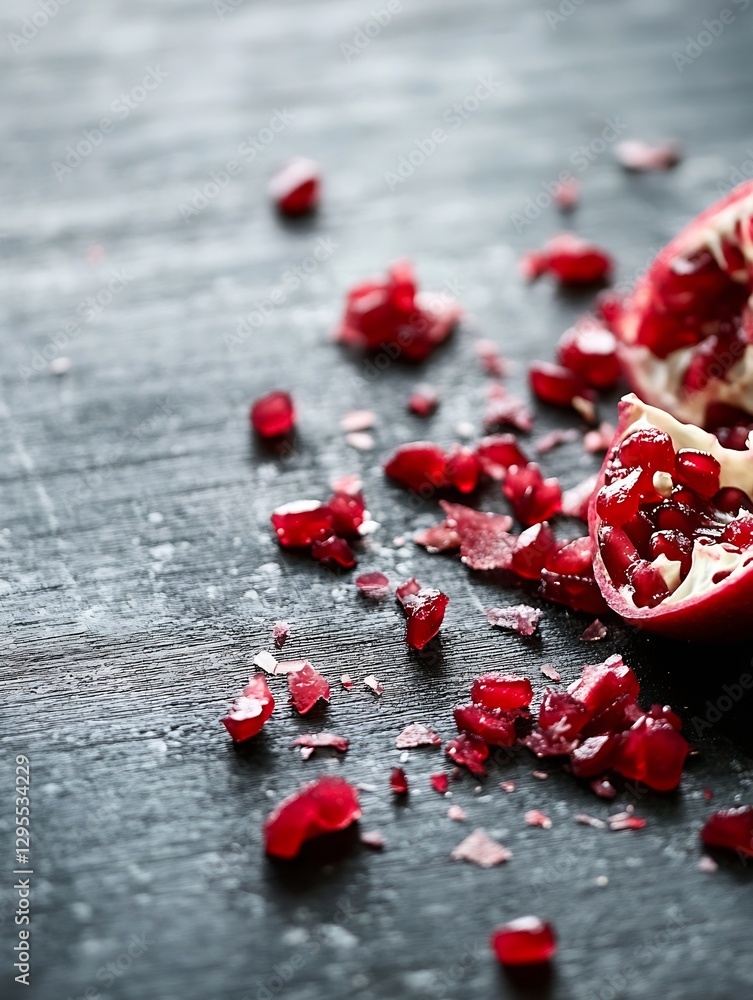 Poster Fresh Pomegranate Seeds and Broken Fruit Resting on a Rustic Dark Surface with Vibrant Colors : Generative AI