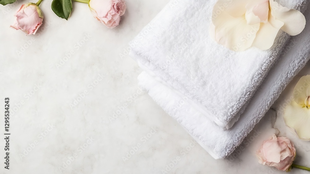 Poster soft luxurious towels with fresh roses on elegant marble surface for spa and wellness setting : gene
