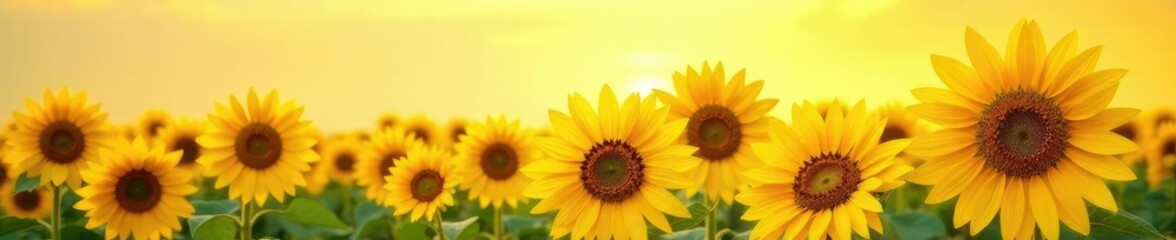 Obraz premium A field of sunflowers against a bright sunny yellow and white striped wallpaper background, field, flowers