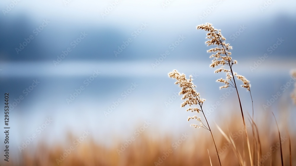 Poster beautiful soft focus of autumn grass reeds by the calm lake reflecting the serene water and gentle m