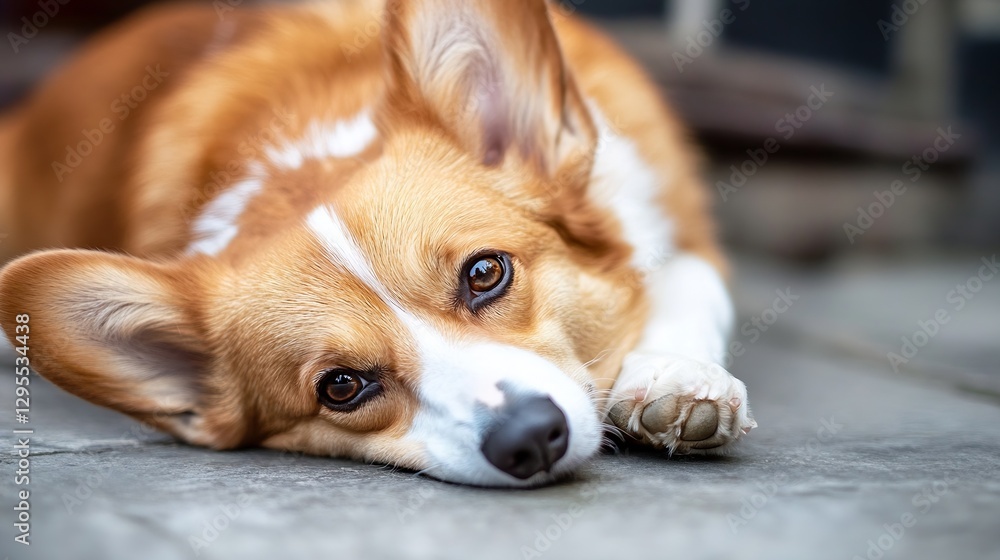 Poster cuddleready corgi lying comfortably on the ground with big expressive eyes reflecting innocence and 