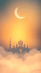 Obraz premium A soft pastel-toned Ramadan scene with a crescent moon over a peaceful desert.