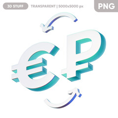 Illustration of the currency exchange between the euro and the Russian Rouble on the blue background. Composition for economics and finance. 3d render