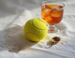 Refreshing drink and tennis ball create a perfect summer afternoon setting at home