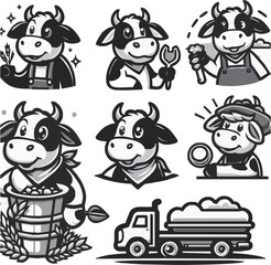 Cartoon cows engaging in various farm activities, showcasing teamwork and productivity