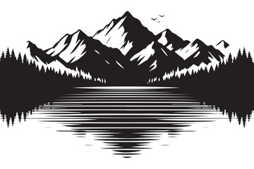 Fototapeta premium Serene Mountain Lake Silhouette Vector Art with Bird Details