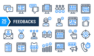 A set of 25 blue line icons depicting feedback. reviews and customer support.