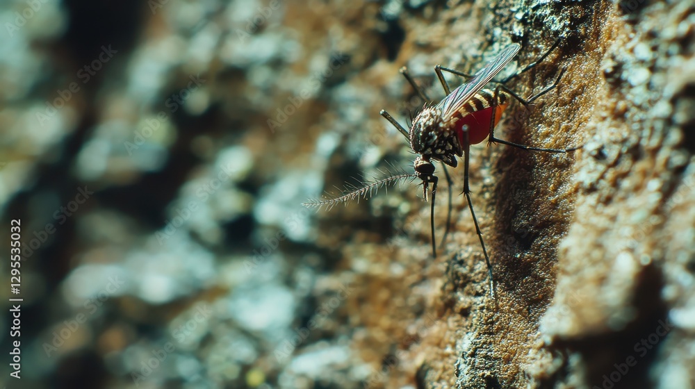 Poster close-up view of a mosquito on a rough surface highlighting details of insect anatomy and texture of