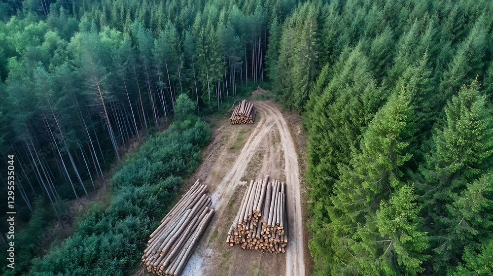 Poster aerial view of stacked logs along a dirt road surrounded by dense green forest in a sustainable logg