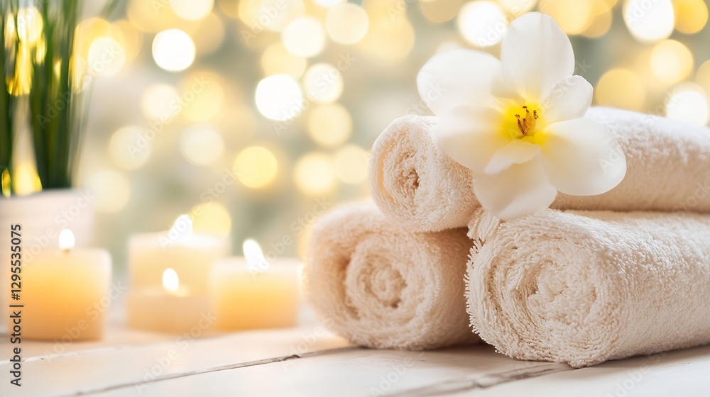 Aufkleber Beautiful spa setting with white towels a flower and glowing candles for relaxation : Generative AI