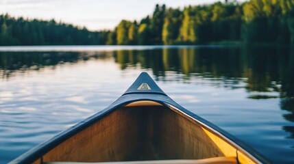 Fototapeta premium Serene view of a canoe on a tranquil lake surrounded by lush trees at sunset : Generative AI