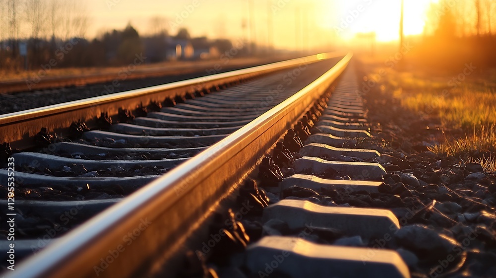 Poster Closeup view of railroad tracks at sunset creating a warm and inviting scene : Generative AI