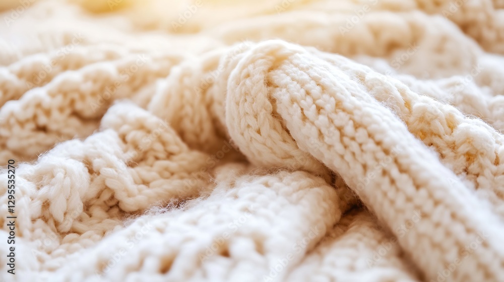 Aufkleber cozy close up of a soft and warm knitted cream blanket with texture detail : generative ai