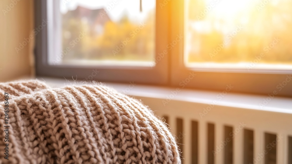 Poster warm knitted sweater on a sunlit windowsill with a cozy view : generative ai