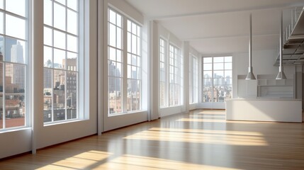 Fototapeta premium Modern loft apartment with city view and sunlight