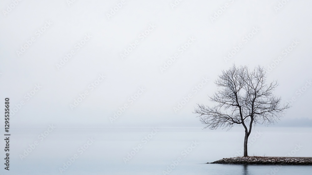 Aufkleber Lonely barren tree on the shore of a tranquil lake surrounded by fog creating a minimalistic atmosphere : Generative AI