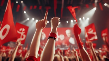Crowd with raised hands and red flags at concert.