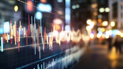 Dynamic cityscape at night showcasing vibrant soundwave graphs with blurred lights in the background : Generative AI