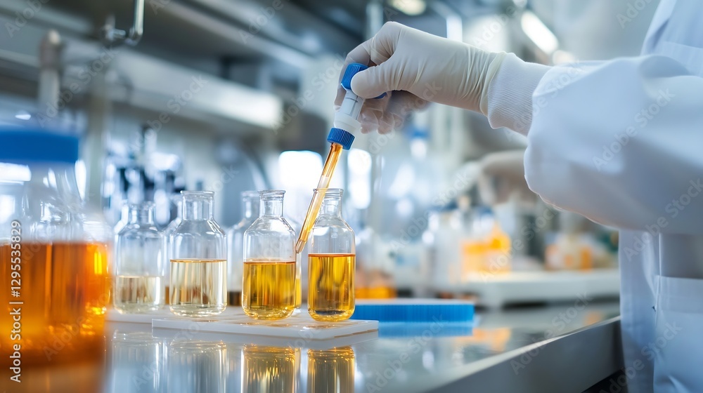 Aufkleber scientist in laboratory handling laboratory glassware with orange liquid and protective gear : gener