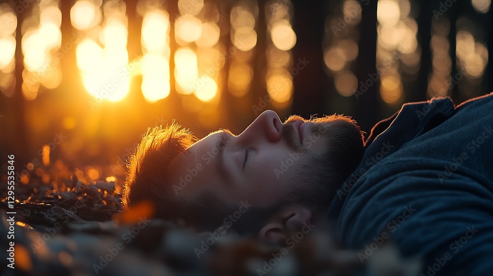 Poster close up of man lying on forest floor with eyes closed enjoying sunset : generative ai