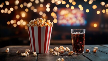 Popcorn and Soda on Wooden Table with Blurred Movie Screen Background