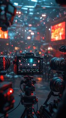 An ultra-detailed, high-resolution cinematic scene of a live broadcast, featuring multiple cameras, energetic newsroom vibes, and a fast-paced media environment.  .