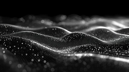 Abstract grayscale wave background with glittering particles.